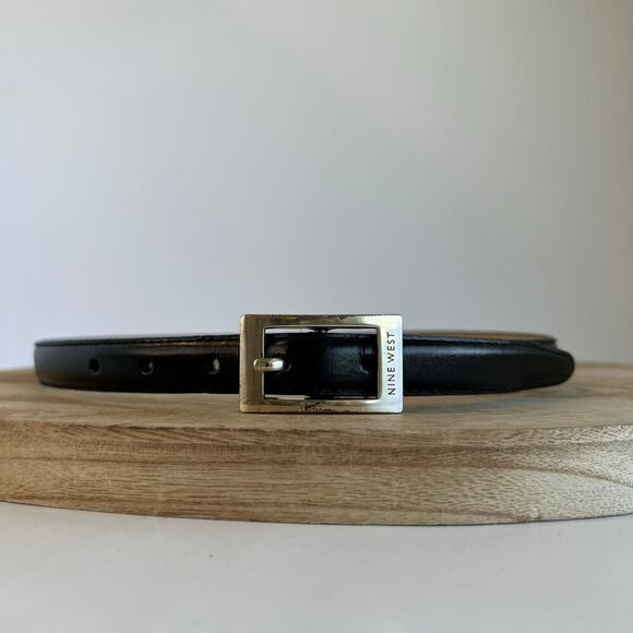 Vintage 90s Nine West Black Genuine Leather Square Silver Buckle Belt Size Small - Picture 1 of 10